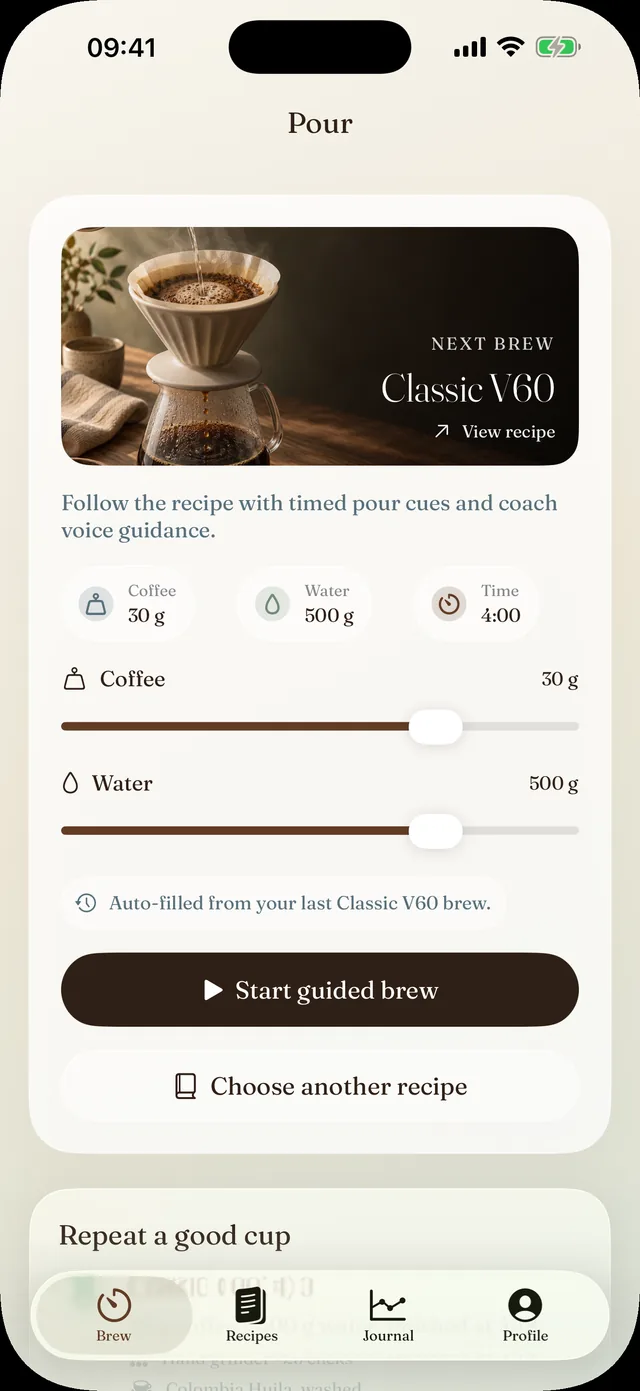 Pour's home screen with coffee and water sliders for the Classic V60