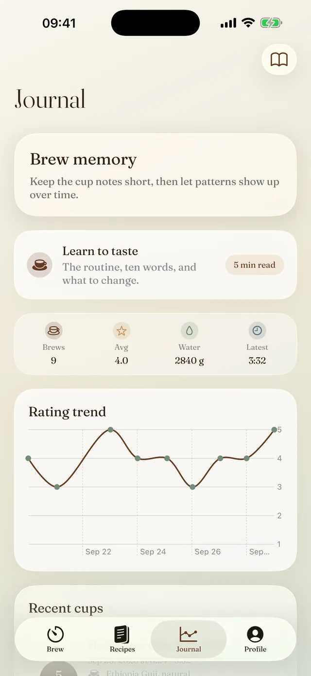The Pour journal with nine brews, an average rating of 4.0 and a rating trend