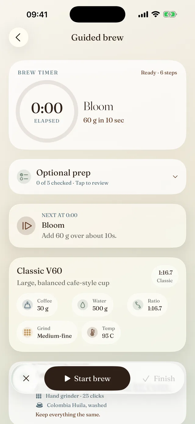 The guided brew screen before starting: bloom to 60 g in 10 seconds, the Classic V60 specs, and the grind and coffee from the last brew