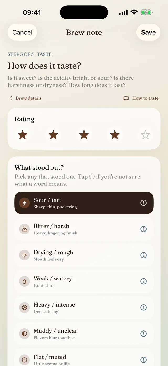 The brew note taste step, with Sour or tart selected and explanations for each word